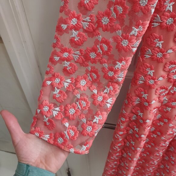 Lela Rose Modest Coral Pink Holly Floral Embroidered Dress - Picture 2 of 8